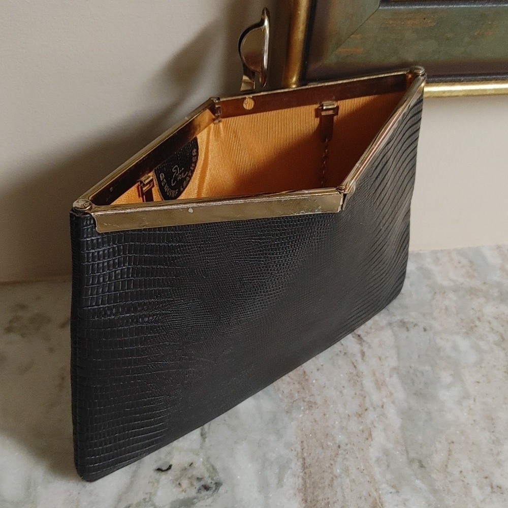 Vintage Etra Cobra Embossed Black Leather Clutch with Brass Chain